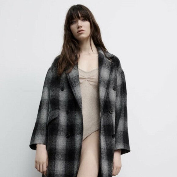 ZARA Women New PLAID CHECK DOUBLE BREASTED MANTECO 100% WOOL COAT Gray A… - Picture 10 of 16